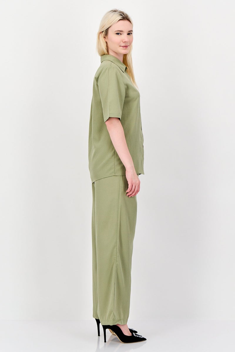 ANNE KLEIN Women 2 Pieces Pointed Collar Short Sleeve Textured Shirt And Palazzo Pants Set, Green - Image 4